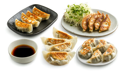 Tasty boiled gyoza (dumplings) with soy sauce on white background, collage