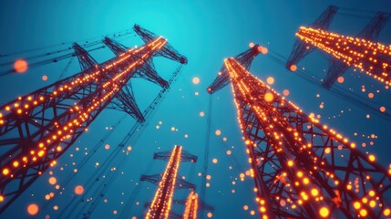 Illuminated Power Lines at Night