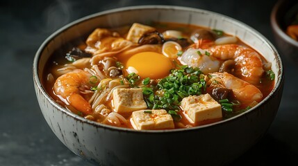 A Bowl of Savory Soup with Shrimp and Other Ingredients