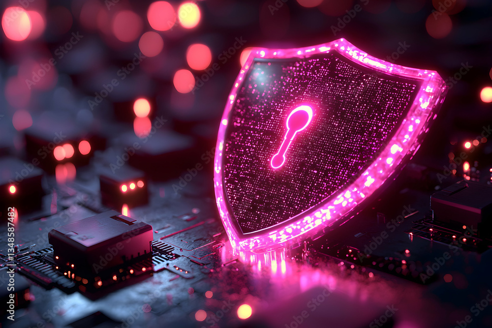 Poster a futuristic pink shield with a keyhole symbolizes digital security and data protection. ideal for c
