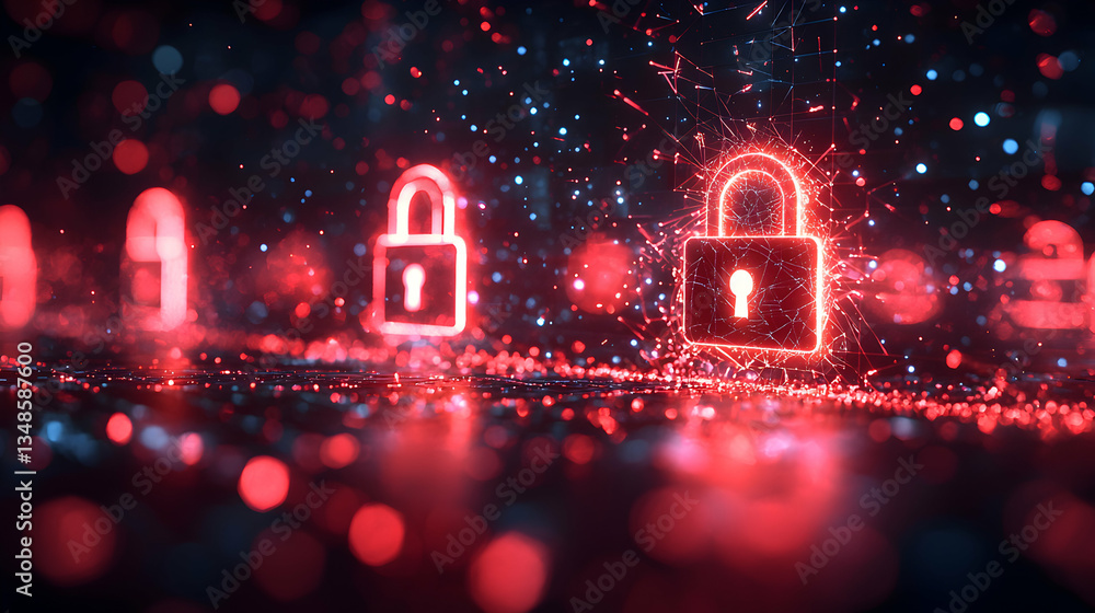 Poster red glowing digital padlocks symbolize cybersecurity and data protection. ideal for websites or pres