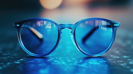 A pair of blue sunglasses resting on a table