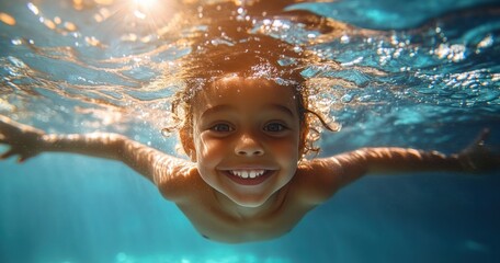 Cheerful child swimming underwater enjoying fun summer activity with sunbeams and playful splashes