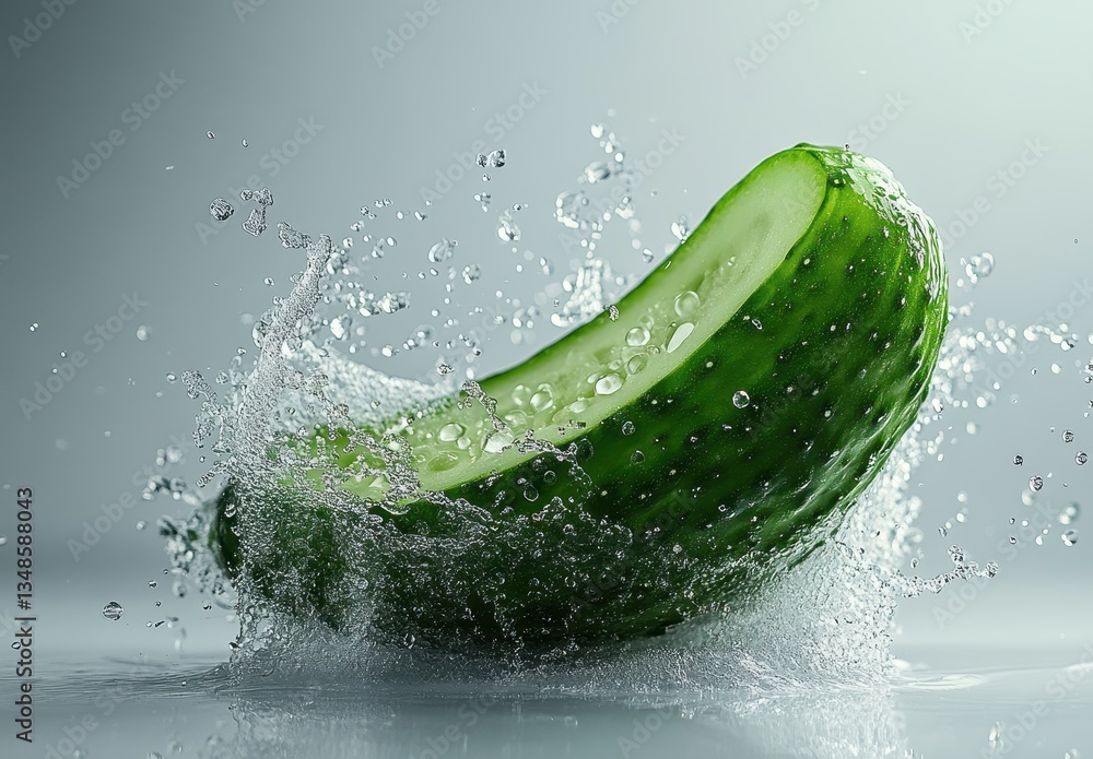 Poster freshly sliced cucumber splashing in water with droplets creating an invigorating and refreshing atm