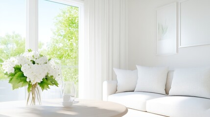 Bright, airy, modern living room with natural light and white decor.  A bouquet of white flowers sits on a light-colored wooden table, next to a coffee cup. 