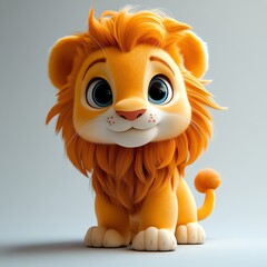 Adorable 3D Cartoon Lion Cub, Sitting, Big Eyes, Soft Fur, Light Grey Background, Sweet Expression
