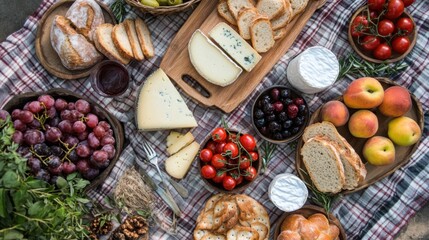 Overhead shot of a food spread. Includes bread, cheese, fruits, and vegetables. Items displayed on wooden trays and bowls on a checkered blanket.