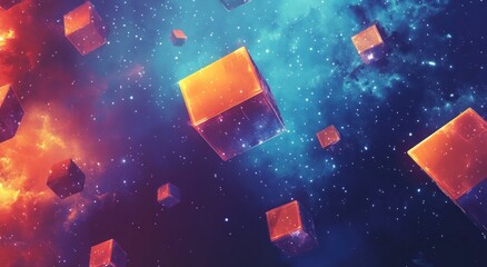 Floating transparent cubes are present amidst a colorful starry cosmos