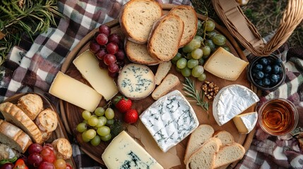 Cheese board with various cheeses bread grapes and berries on a wooden tray placed on a patterned blanket outdoors close up shot.