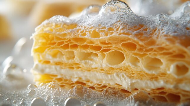 Flaky pastry with layers and cream filling covered with shiny glaze. Close up view of dessert with sweet flavor.