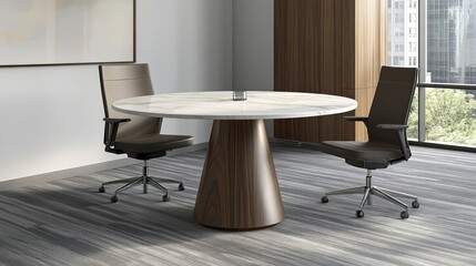 Modern round conference table in contemporary office with city view
