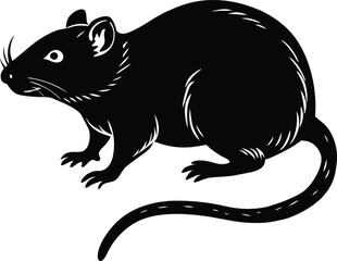 Bold Graphic Illustration Of Black Rat Silhouette On White Background
