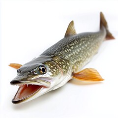 Obraz premium Fresh northern pike fish with open mouth on white background.
