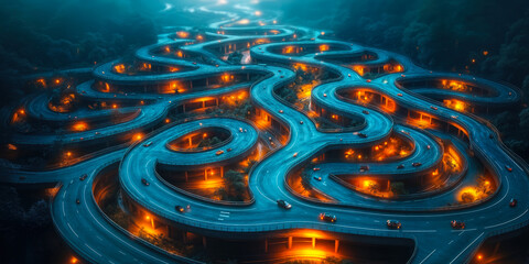 Intricate Maze of Highways and Roads Illuminated at Night Representing Complex Journey and Decision Making