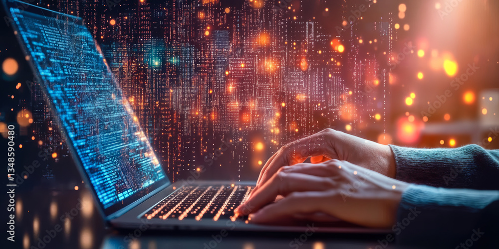 Poster person typing on laptop with digital data overlay and futuristic interface display illustrating tech