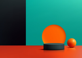 modern orange sphere glowing next to black cylindrical podium, red surface, teal backdrop, product display mockup