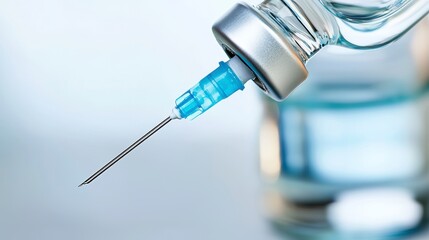 close up of syringe needle attached to glass vial, symbolizing medical preparation and vaccination. image conveys sense of readiness and care