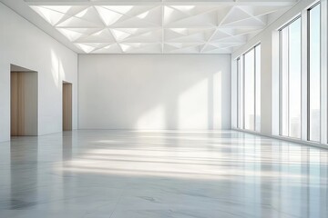 modern minimalist living room with spacious white walls and large windows
