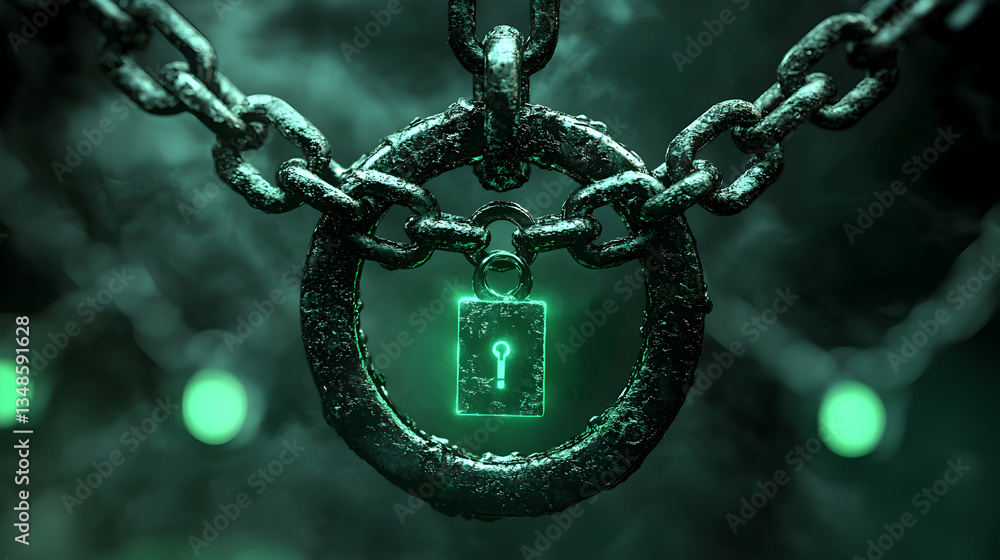 Aufkleber a glowing green lock hangs from a dark metallic chain creating a mysterious and secure atmosphere. p
