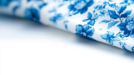 Floral fabric design featuring blue flowers on white background, perfect for adding touch of elegance to any project. 