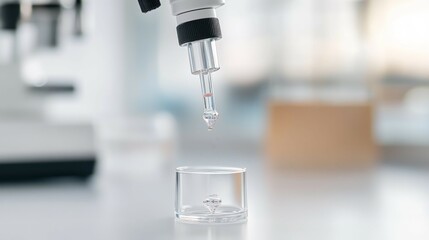 Close-up of an eyedropper with a drop dripping down, in front of a white laboratory table and a blurred background of a modern lab interior. Online DNA analysis concept. 