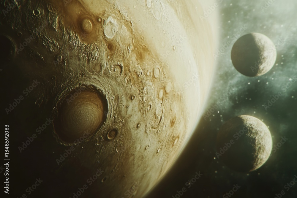 Poster a group of planets orbiting in the vastness of space, perfect for use in astronomy or sci-fi themed 