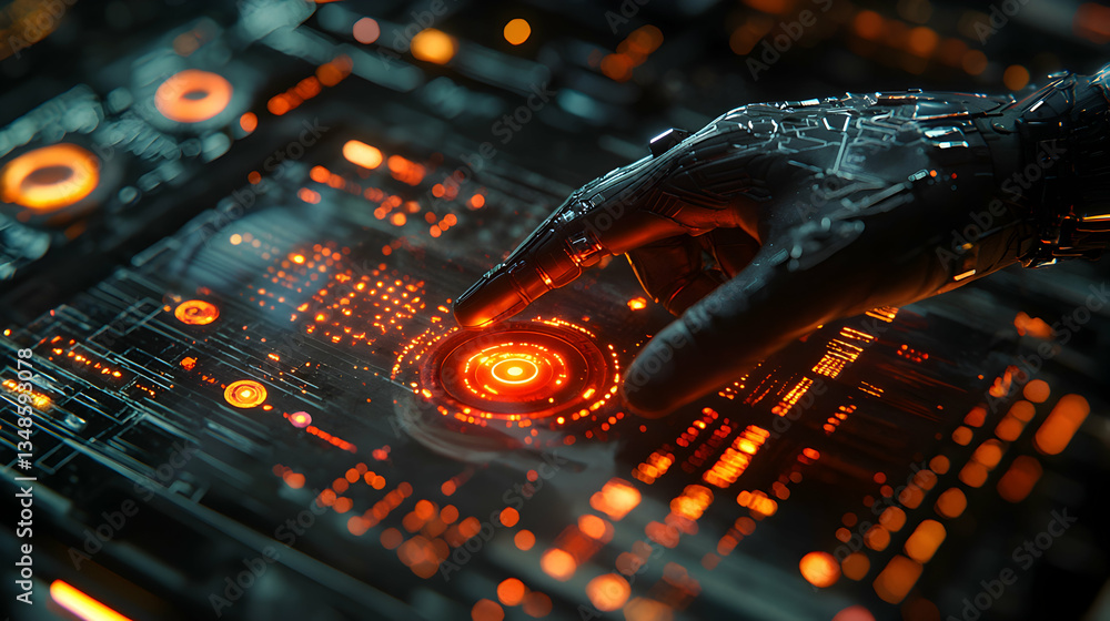 Poster a robotic hand interacts with a futuristic control panel with glowing orange lights. ideal for techn