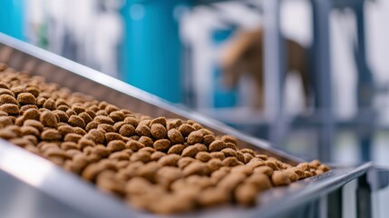 Fototapeta premium High quality pet food kibble being processed in factory, showcasing production line and texture of kibble. 