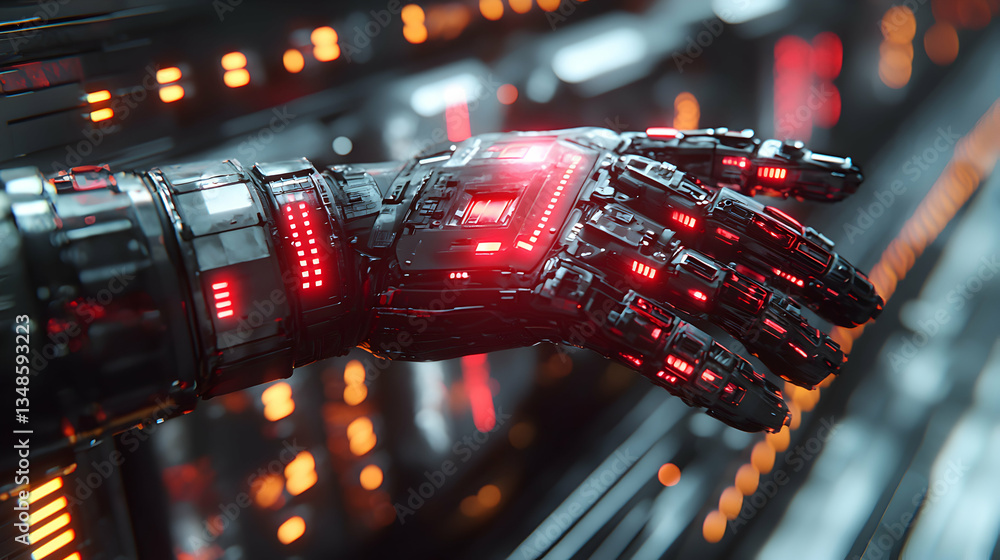 Poster a futuristic robotic hand with glowing red accents extends against a blurred technological backdrop.