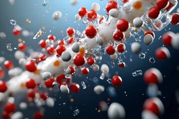 Colorful molecular structure with red, white, and transparent elements, showcasing dynamic interactions and scientific exploration. 