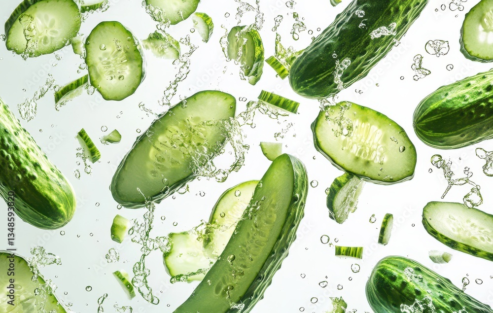 Poster freshly sliced cucumbers with bubbles in clear water creating a refreshing and vibrant mood perfect 