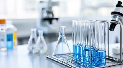 Laboratory equipment with test tubes and microscope, showcasing clean and organized workspace for scientific research and experimentation. 