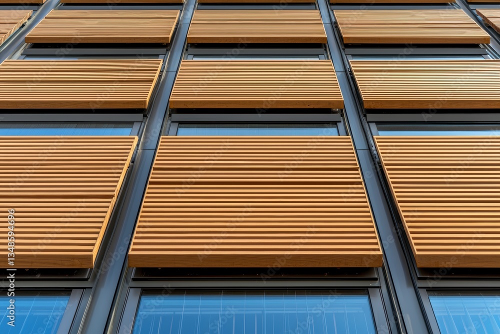 Poster modern architectural design features radiative cooling panels on building facade, showcasing blend o