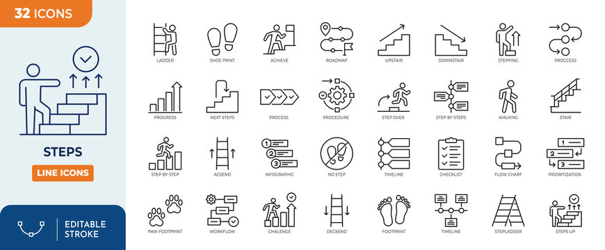 Steps icon set. Containing stairs, footprint, progress, step by step, roadmap, process, walk and more. Outline Icon Collection. Vector illustration. Editable stroke	