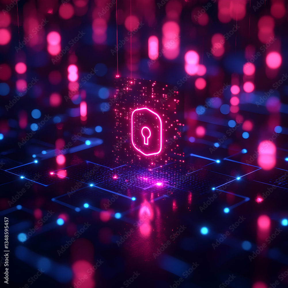 Poster a glowing pink lock icon hovers over a dark, futuristic circuit board. this image symbolizes cyberse