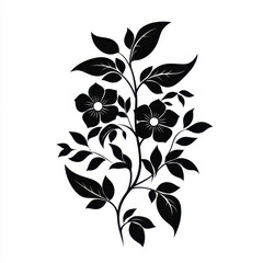 Black Silhouette of Floral Design with Leaves and Blossoms