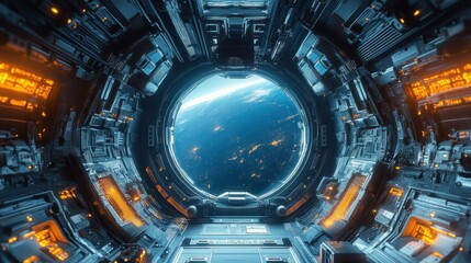Spaceship Interior: Earth View from Spacecraft Window