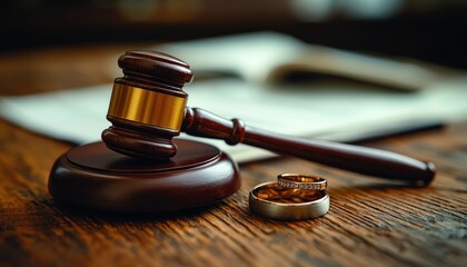 Divorce Conflicts Legal Separation Judge Gavel Wedding Rings Open Documents