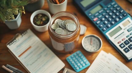 Coins in a jar on a desk with papers, calculator, and plants; saving money