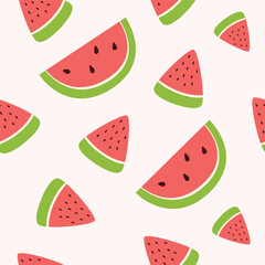 Vector seamless pattern with slices of red watermelon. Flat style summer background.