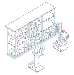 Warehouse worker uses an order picker forklift to load cardboard boxes onto shelves