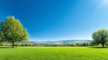 Obraz premium serene countryside landscape featuring lush green grass, vibrant trees, and clear blue sky, evoking sense of tranquility and peace. 