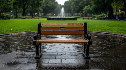 Rain Soaked Park Bench in City Park