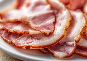Freshly Sliced Premium Bacon Strips on a White Plate, Perfect for Breakfast or Culinary Dishes, Highlighting Juicy Texture and Rich Color