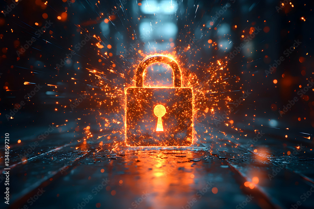 Poster a fiery padlock icon symbolizes robust security and data protection. ideal for cybersecurity, vpn se