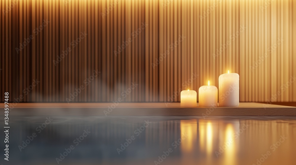 Aufkleber serene steam bath setup featuring glowing candles, creating calming atmosphere with soft reflections