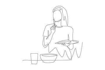 Woman thinking about meal schedule during keto diet program. Keto concept one-line drawing