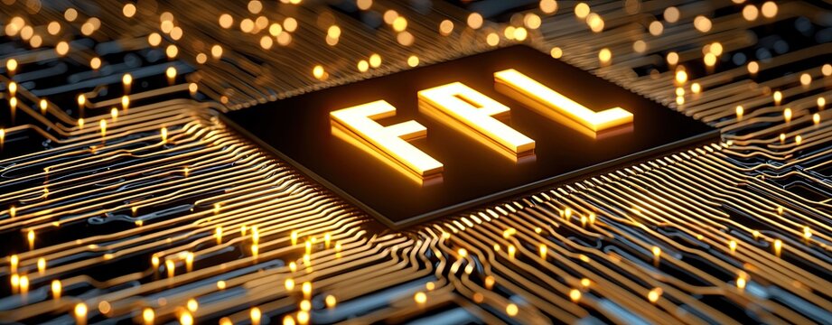 cyber threat prevention technology encrypted digital security infrastructure Close-up of a circuit board with glowing components and branding with text FPL hacker prevention