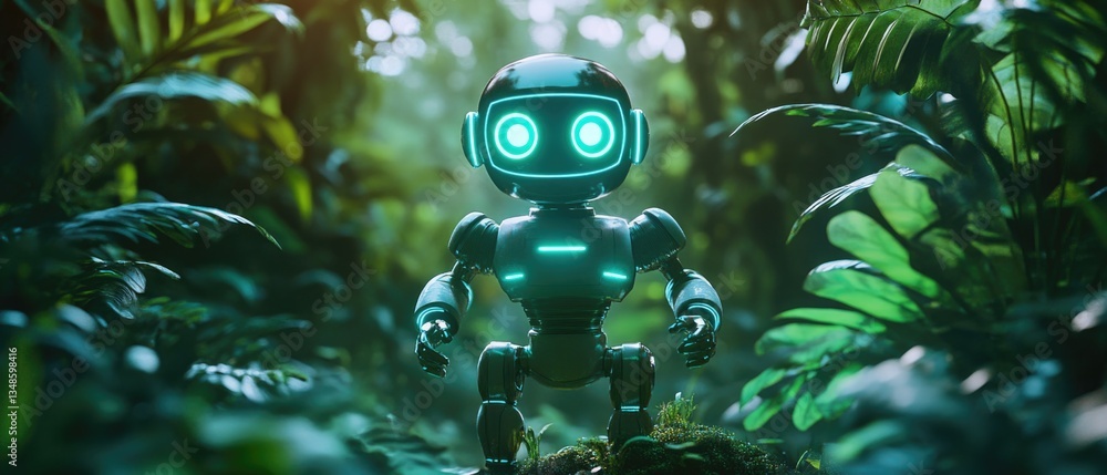 Poster a robot stands alone in a dense forest, surrounded by trees and foliage