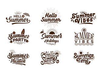 Collection of Summer lettering and typography design for tshirt, logo. Resort tags, hello summer text and beach party typography set.
